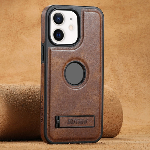 For iPhone 12 Suteni G2 Magsafe Oil Wax Leather Back Phone Case with Holder(Brown) - HoMEdemic™ 