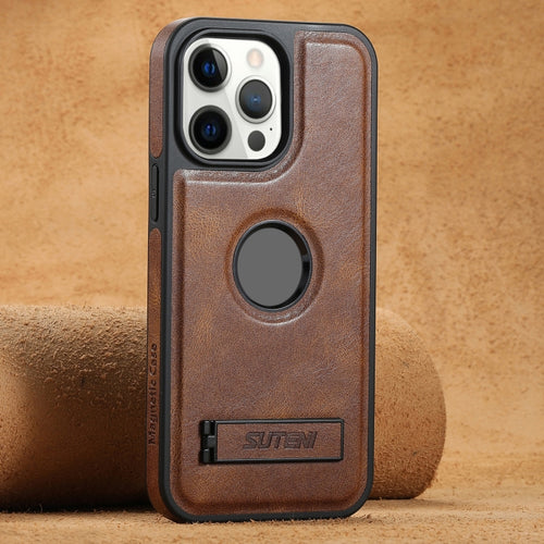 For iPhone 12 Pro Max Suteni G2 Magsafe Oil Wax Leather Back Phone Case with Holder(Brown) - HoMEdemic™ 