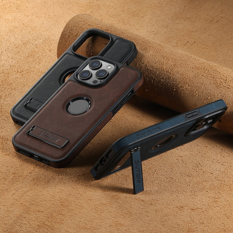 For iPhone 12 Suteni G2 Magsafe Litchi Texture Leather Back Phone Case with Holder(Black) - HoMEdemic™ 