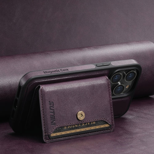 For iPhone 15 Pro Suteni M1 Oil Wax MagSafe Detachable Horizontal Card Bag Phone Case(Purple) - HoMEdemic™ 