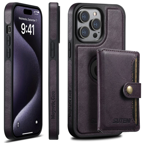 For iPhone 15 Pro Suteni M1 Oil Wax MagSafe Detachable Horizontal Card Bag Phone Case(Purple) - HoMEdemic™ 