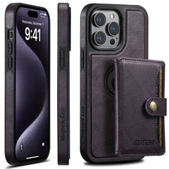 For iPhone 15 Pro Suteni M1 Oil Wax MagSafe Detachable Horizontal Card Bag Phone Case(Purple) - HoMEdemic™ 