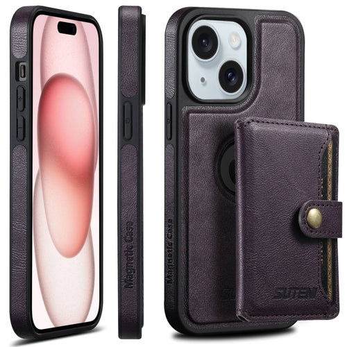 For iPhone 15 Plus Suteni M1 Oil Wax MagSafe Detachable Horizontal Card Bag Phone Case(Purple) - HoMEdemic™ 