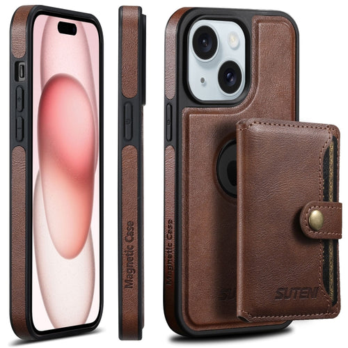 For iPhone 15 Suteni M1 Oil Wax MagSafe Detachable Horizontal Card Bag Phone Case(Brown) - HoMEdemic™ 