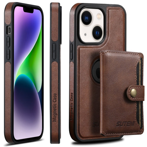 For iPhone 14 Plus Suteni M1 Oil Wax MagSafe Detachable Horizontal Card Bag Phone Case(Brown) - HoMEdemic™ 