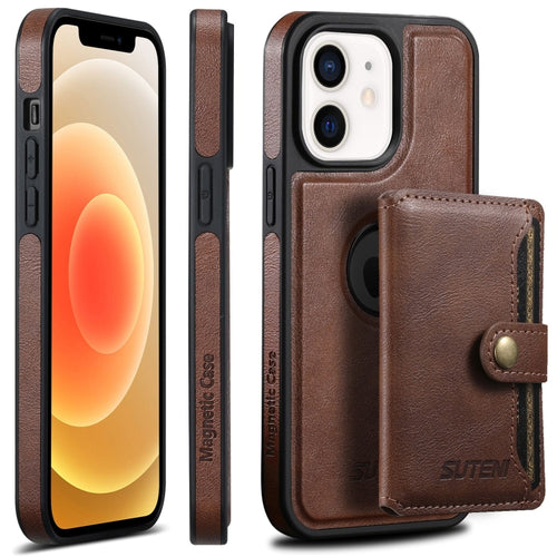 For iPhone 12  Suteni M1 Oil Wax MagSafe Detachable Horizontal Card Bag Phone Case(Brown) - HoMEdemic™ 