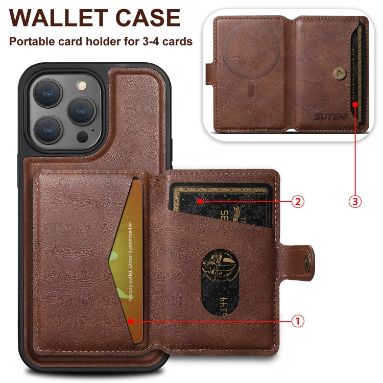 For iPhone 14 Pro Suteni M1 Oil Wax MagSafe Detachable Horizontal Card Bag Phone Case(Purple) - HoMEdemic™ 