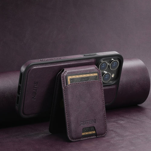 For iPhone 15 Pro Suteni M2 Oil Wax MagSafe Horizontal Card Bag Phone Case(Purple) - HoMEdemic™ 