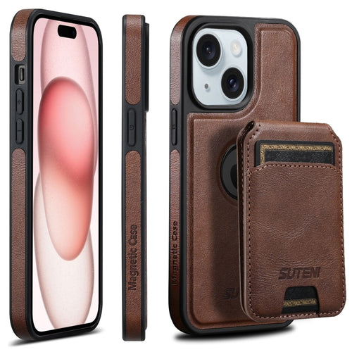 For iPhone 15 Plus Suteni M2 Oil Wax MagSafe Horizontal Card Bag Phone Case(Brown) - HoMEdemic™ 