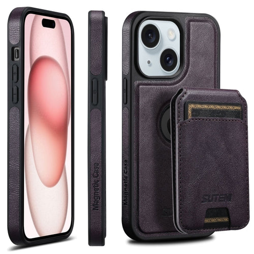 For iPhone 15 Suteni M2 Oil Wax MagSafe Horizontal Card Bag Phone Case(Purple) - HoMEdemic™ 