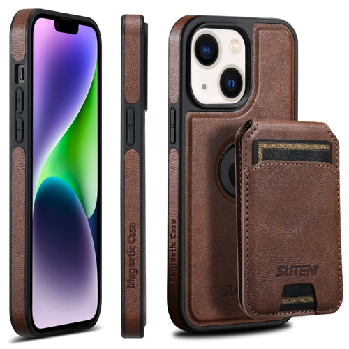 For iPhone 14 Plus Suteni M2 Oil Wax MagSafe Horizontal Card Bag Phone Case(Brown) - HoMEdemic™ 