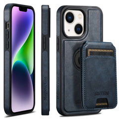 For iPhone 14 Plus Suteni M2 Oil Wax MagSafe Horizontal Card Bag Phone Case(Blue) - HoMEdemic™ 