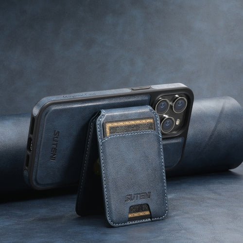 For iPhone 14 Plus Suteni M2 Oil Wax MagSafe Horizontal Card Bag Phone Case(Blue) - HoMEdemic™ 