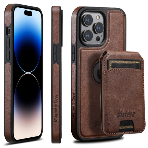 For iPhone 14 Pro Suteni M2 Oil Wax MagSafe Horizontal Card Bag Phone Case(Brown) - HoMEdemic™ 