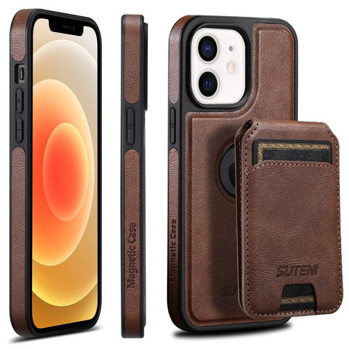 For iPhone 12  Suteni M2 Oil Wax MagSafe Horizontal Card Bag Phone Case(Brown) - HoMEdemic™ 