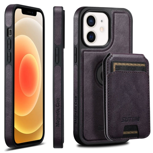 For iPhone 12  Suteni M2 Oil Wax MagSafe Horizontal Card Bag Phone Case(Purple) - HoMEdemic™ 