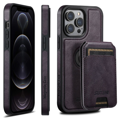 For iPhone 12 Pro Suteni M2 Oil Wax MagSafe Horizontal Card Bag Phone Case(Purple) - HoMEdemic™ 