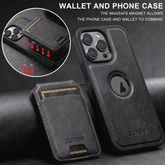For iPhone 14 Plus Suteni M2 Oil Wax MagSafe Horizontal Card Bag Phone Case(Blue) - HoMEdemic™ 