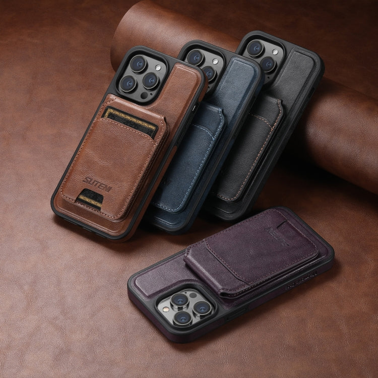For iPhone 14 Suteni M2 Oil Wax MagSafe Horizontal Card Bag Phone Case(Black) - HoMEdemic™ 