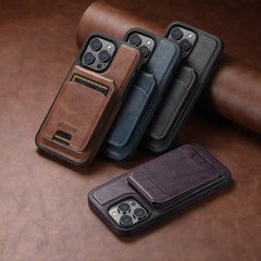 For iPhone 15 Pro Max Suteni M2 Oil Wax MagSafe Horizontal Card Bag Phone Case(Purple) - HoMEdemic™ 