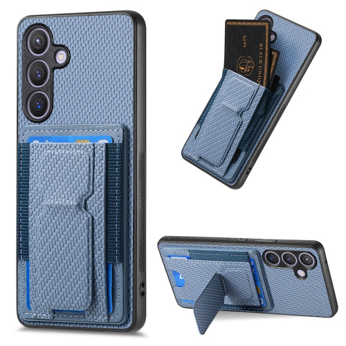 For Samsung Galaxy S24 5G Carbon Fiber Fold Stand Elastic Card Bag Phone Case(Blue) - HoMEdemic™ 