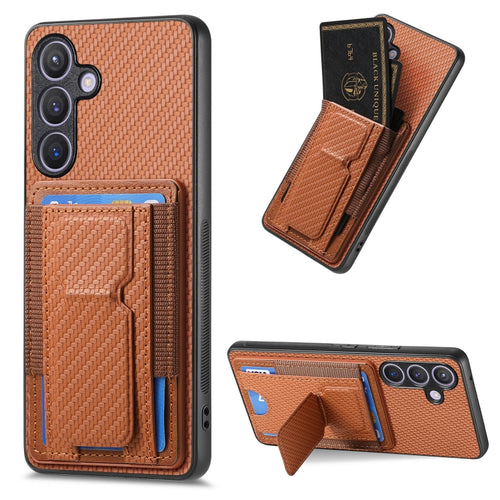 For Samsung Galaxy S24 5G Carbon Fiber Fold Stand Elastic Card Bag Phone Case(Brown) - HoMEdemic™ 