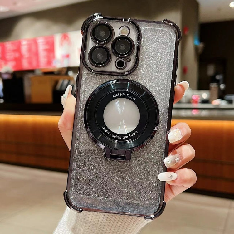 For iPhone 15 Pro Invisible Holder Gradient Glitter Magsafe Phone Case(Starry Black) - HoMEdemic™ 