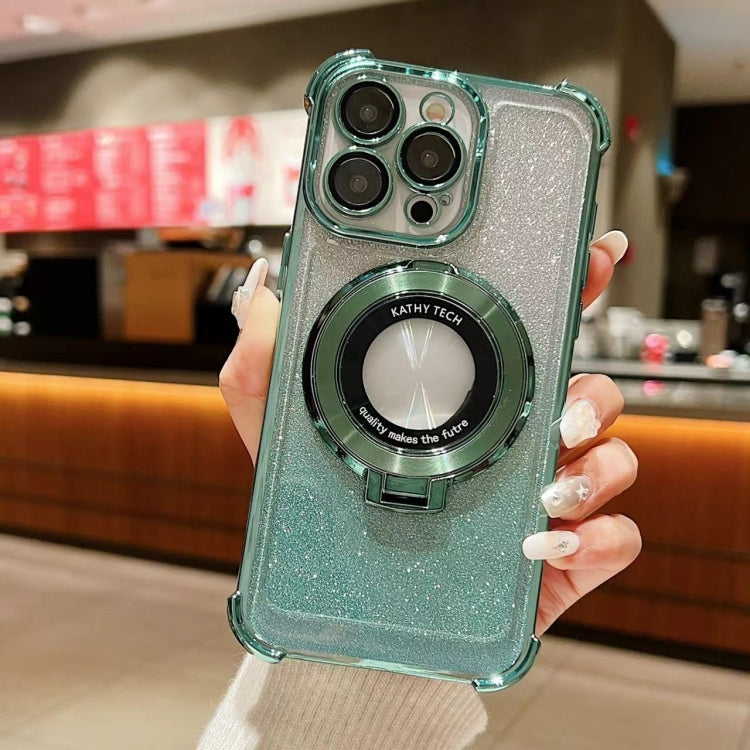 For iPhone 15 Pro Invisible Holder Gradient Glitter Magsafe Phone Case(Pine Green) - HoMEdemic™ 