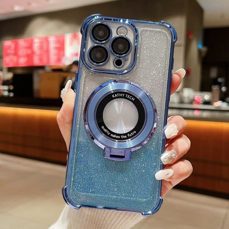 For iPhone 15 Pro Invisible Holder Gradient Glitter Magsafe Phone Case(Sierra Blue) - HoMEdemic™ 