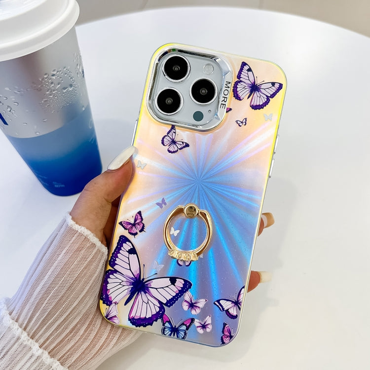 For iPhone 15 Pro Electroplating Laser Butterfly Ring Holder Phone Case(Purple Butterflies AB3) - HoMEdemic™ 