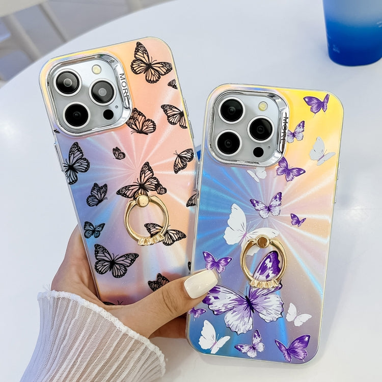 For iPhone 15 Pro Electroplating Laser Butterfly Ring Holder Phone Case(Purple Butterflies AB3) - HoMEdemic™ 