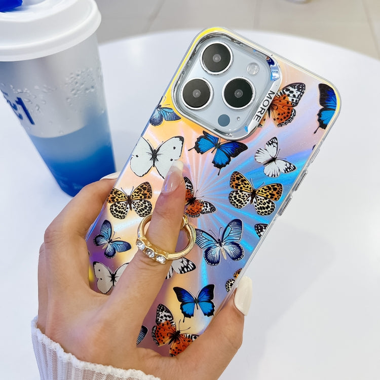 For iPhone 15 Pro Electroplating Laser Butterfly Ring Holder Phone Case(Purple Butterflies AB3) - HoMEdemic™ 