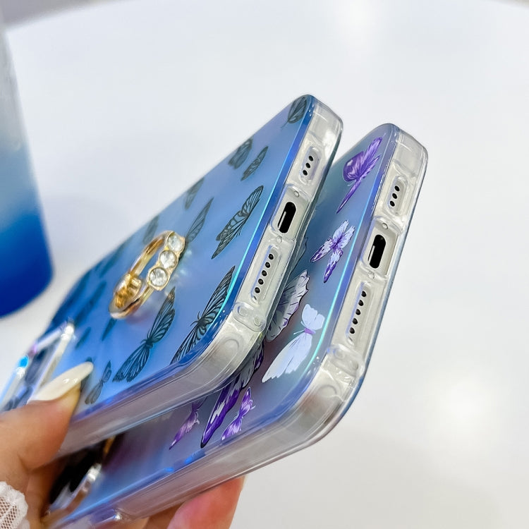 For iPhone 15 Pro Electroplating Laser Butterfly Ring Holder Phone Case(Purple Butterflies AB3) - HoMEdemic™ 