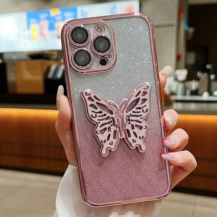 For iPhone 15 Pro Max Electroplated Gradient Glitter 3D Butterfly TPU Phone Case(Gradient Pink) - HoMEdemic™ 