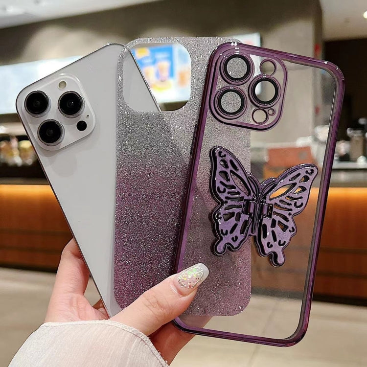 For iPhone 15 Pro Electroplated Gradient Glitter 3D Butterfly TPU Phone Case(Gradient Black) - HoMEdemic™ 