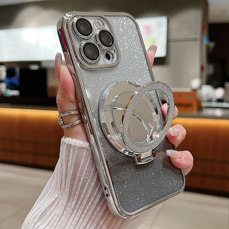 For iPhone 15 Pro Plated Mirror Holder Gradient Glitter MagSafe Phone Case(Gray) - HoMEdemic™ 