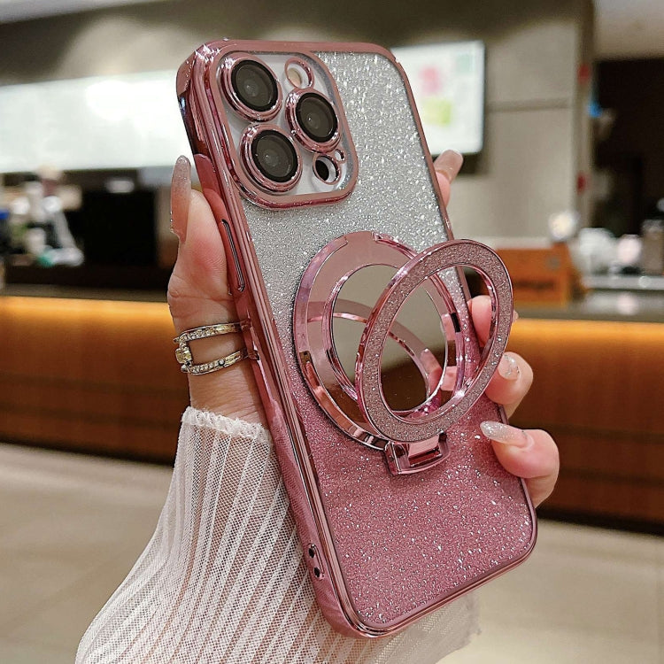 For iPhone 15 Pro Plated Mirror Holder Gradient Glitter MagSafe Phone Case(Pink) - HoMEdemic™ 
