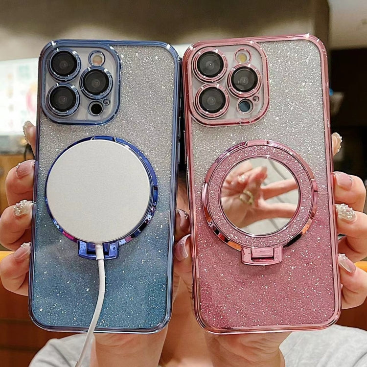For iPhone 15 Pro Max Plated Mirror Holder Gradient Glitter MagSafe Phone Case(Gray) - HoMEdemic™ 