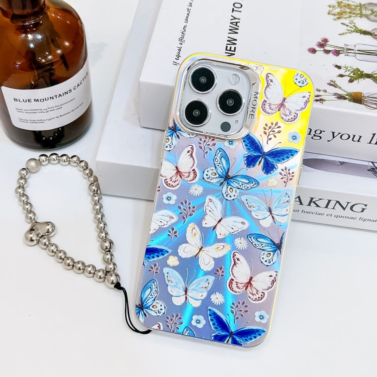 For iPhone 15 Pro Max Electroplating Laser Butterfly Phone Case with Wrist Strap(Blue Butterflies AB4) - HoMEdemic™ 