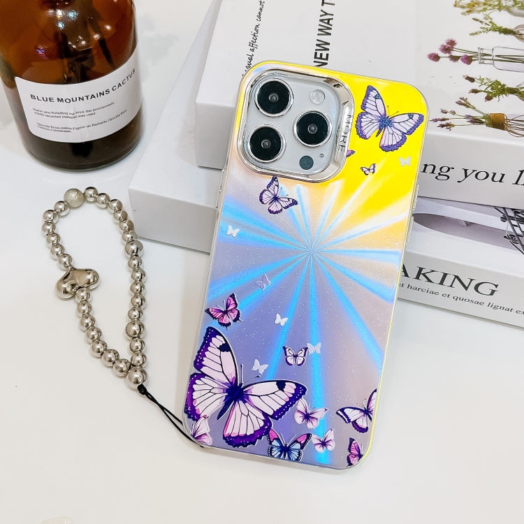 For iPhone 15 Pro Max Electroplating Laser Butterfly Phone Case with Wrist Strap(Purple Butterflies AB3) - HoMEdemic™ 