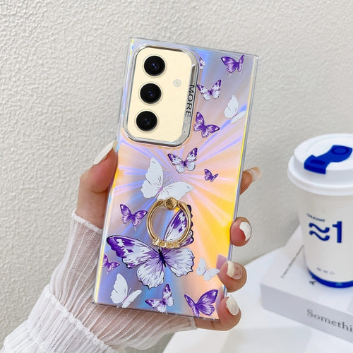 For Samsung Galaxy S24 5G Electroplating Laser Butterfly Ring Holder Phone Case(White Purple Butterflies AB6) - HoMEdemic™ 