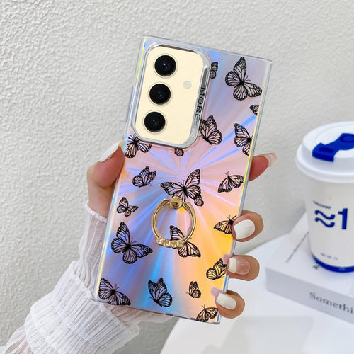 For Samsung Galaxy S24 5G Electroplating Laser Butterfly Ring Holder Phone Case(Black Butterflies AB5) - HoMEdemic™ 