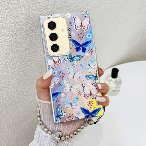 For Samsung Galaxy S24 5G Electroplating Laser Butterfly Phone Case with Wrist Strap(Blue Butterflies AB4) - HoMEdemic™ 