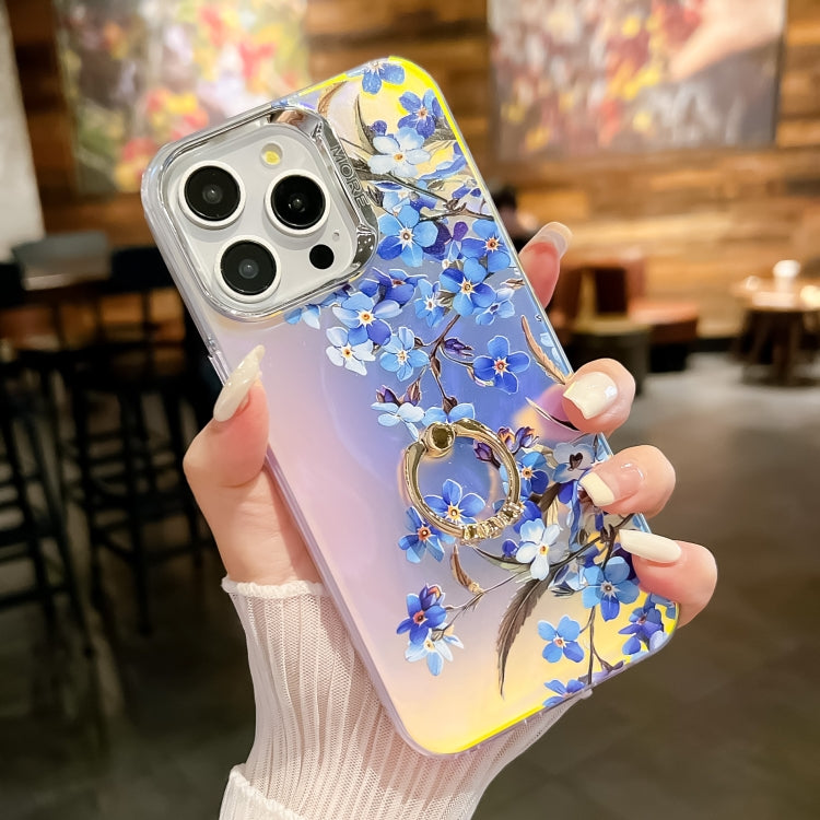 For iPhone 15 Pro Electroplating Laser Flower Ring Holder TPU Phone Case(Myosotis AH2) - HoMEdemic™ 