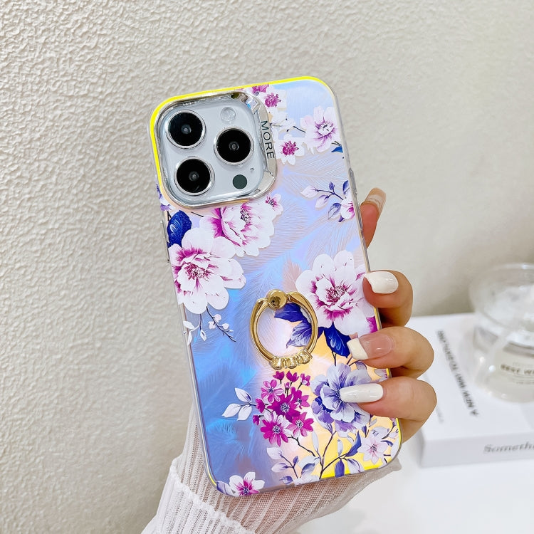 For iPhone 15 Pro Electroplating Laser Flower Ring Holder TPU Phone Case(Peony AH11) - HoMEdemic™ 