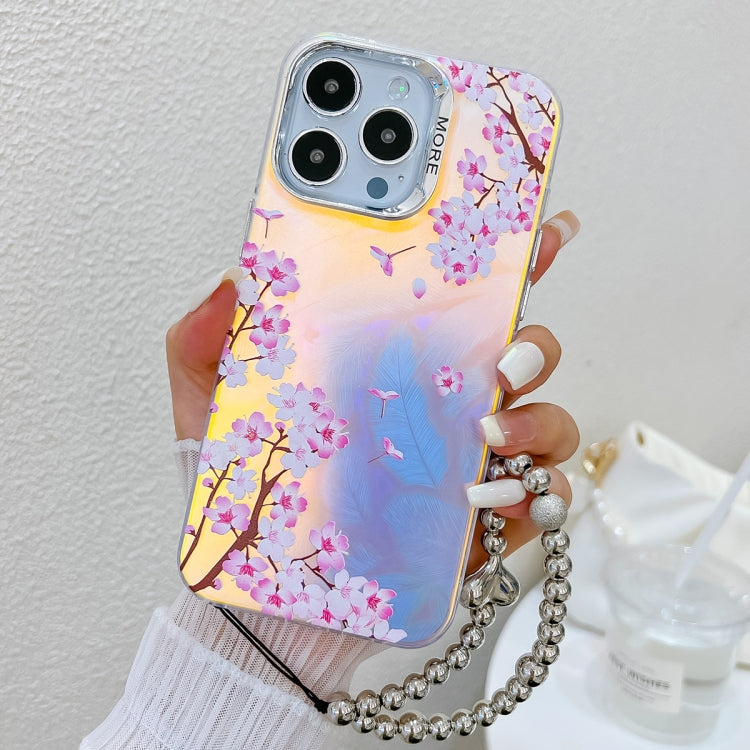 For iPhone 15 Pro Max Electroplating Laser Flower Phone Case with Wrist Strap(Peach Blossom AH4) - HoMEdemic™ 
