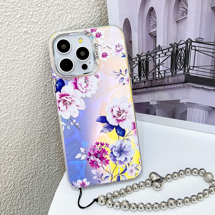 For iPhone 15 Pro Max Electroplating Laser Flower Phone Case with Wrist Strap(Peony AH11) - HoMEdemic™ 