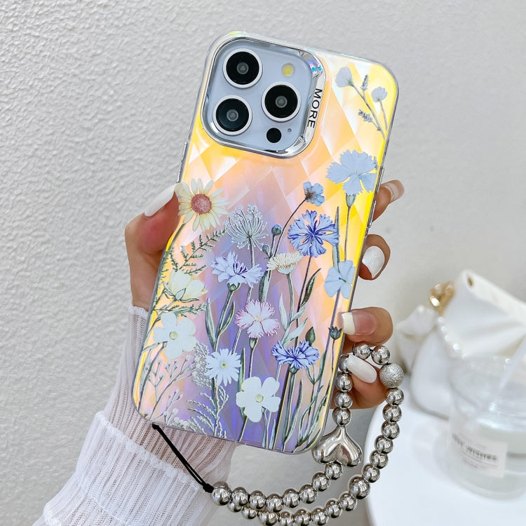 For iPhone 15 Pro Electroplating Laser Flower Phone Case with Wrist Strap(Chrysanthemum AH5) - HoMEdemic™ 
