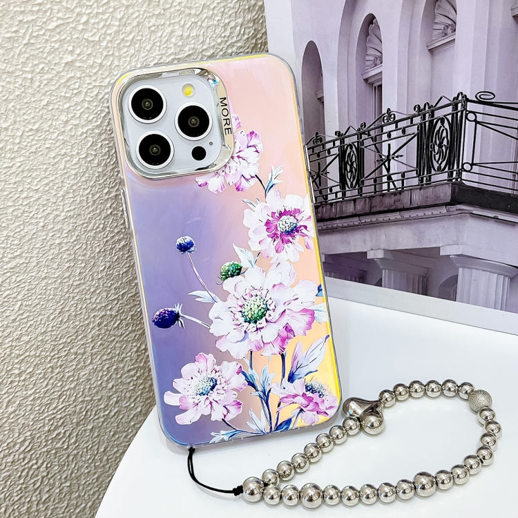 For iPhone 15 Pro Electroplating Laser Flower Phone Case with Wrist Strap(Zinnia AH9) - HoMEdemic™ 