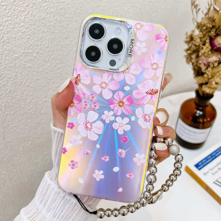 For iPhone 15 Pro Electroplating Laser Flower Phone Case with Wrist Strap(Pink Flower AH13) - HoMEdemic™ 